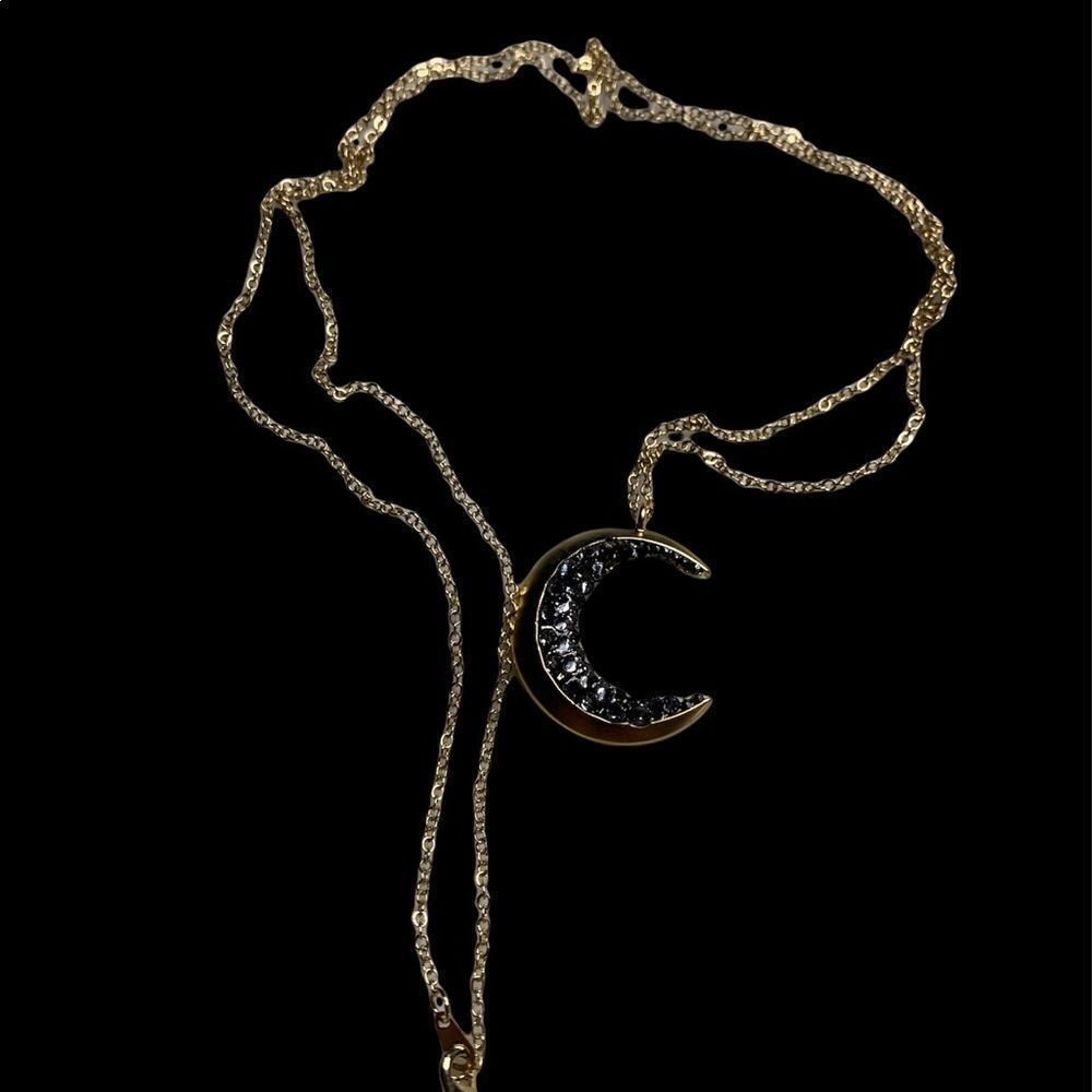 Goldtone Crescent Moon Pendant Necklace Black Crystal Accent 30” Chain